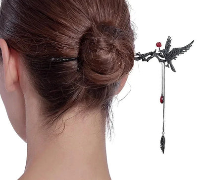 Gothic Style Dangling Red Crystals & Black Raven Bird Pendant Women's Hairpin - Lovez Aqua© - 