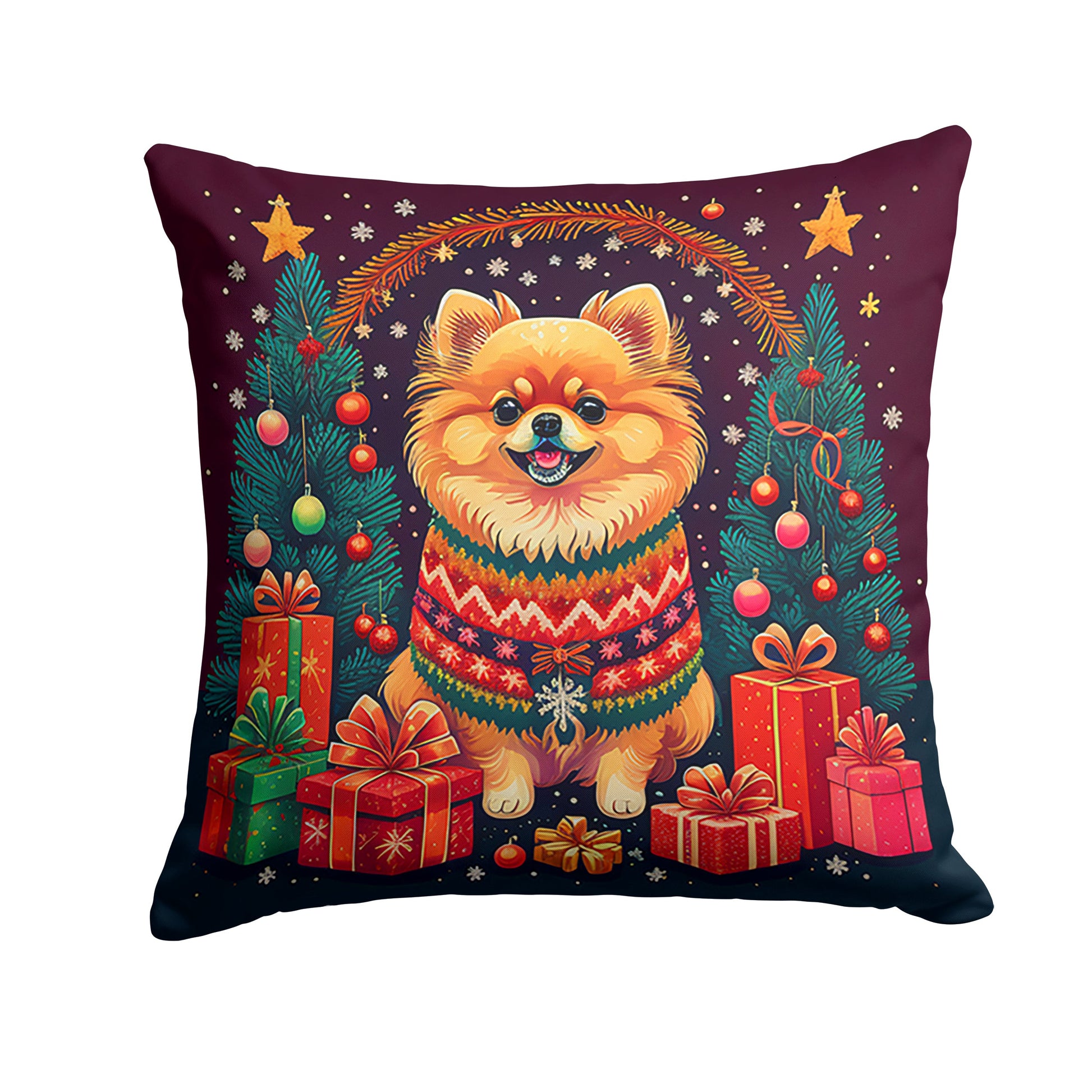 Festive Pomeranian Cartoon Christmas Throw Pillow (18x18 inches) - Lovez Aqua© - 