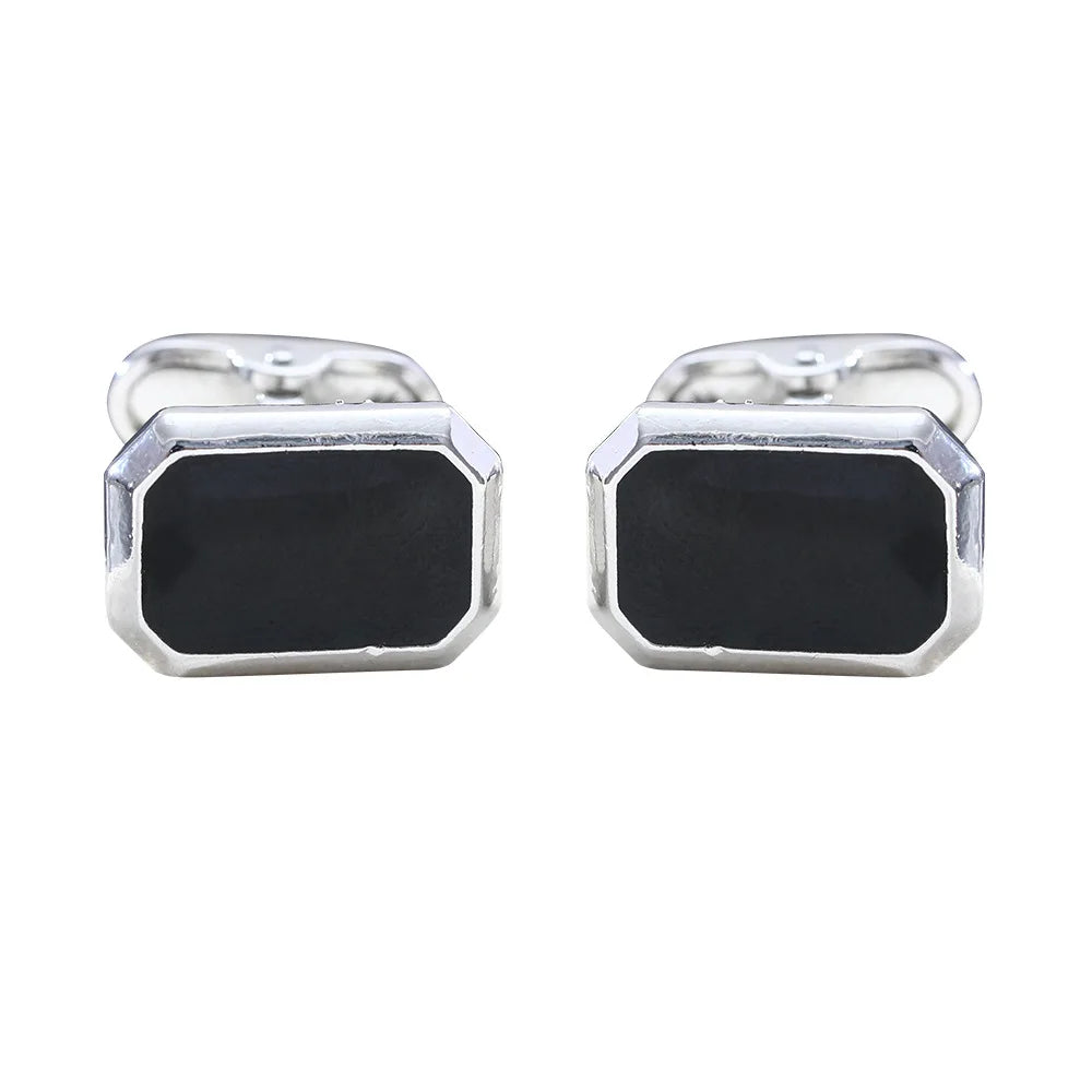 Men's French Style Angular Rectangle Formal Black & Silver Cufflinks - Lovez Aqua© - 