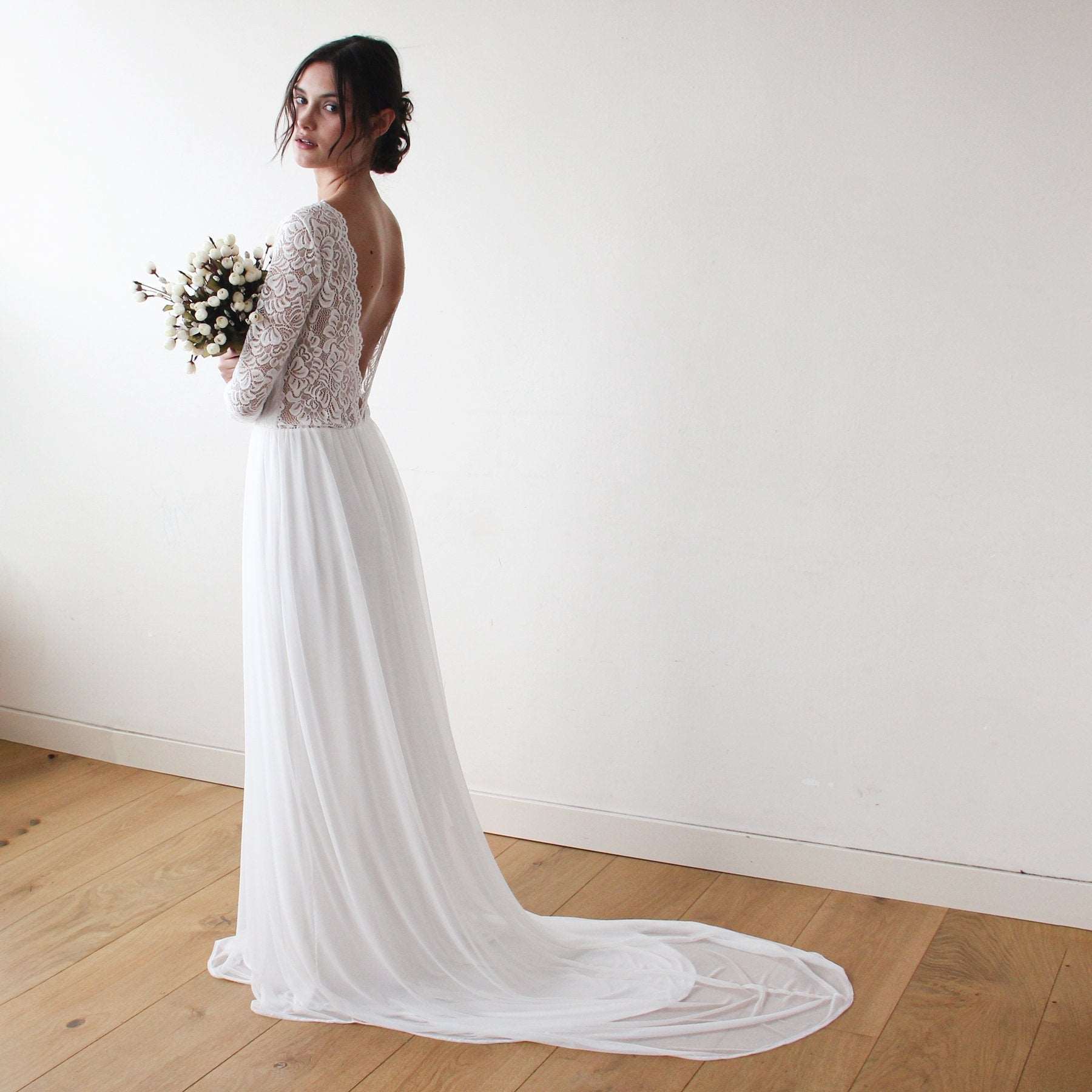 Ivory Boat Neckline V Back Lace & Chiffon Mesh Long Sleeve Wedding Dress