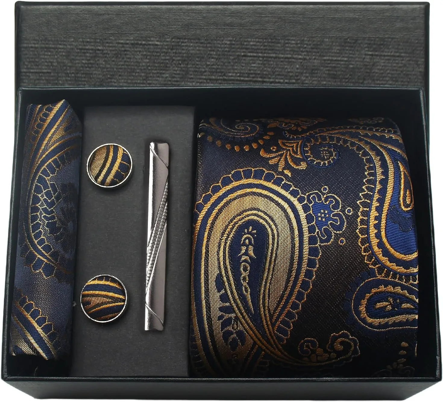 Men's Luxury Silk Paisley Floral Necktie, Pocket Square, Clip & Cufflinks Set - Lovez Aqua© - 