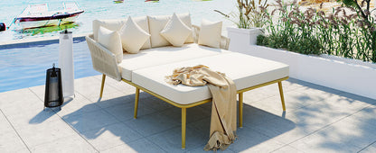 Outdoor Patio Beige Woven Nylon Two Seater Daybed with Backrest & Cushions - Lovez Aqua© - 