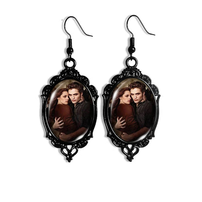 Twilight Movie Photo Oval Glass Cabochons Dangle Black Lace Earrings - Lovez Aqua© - bella swan, edward cullen, jacob black, robert pattinson