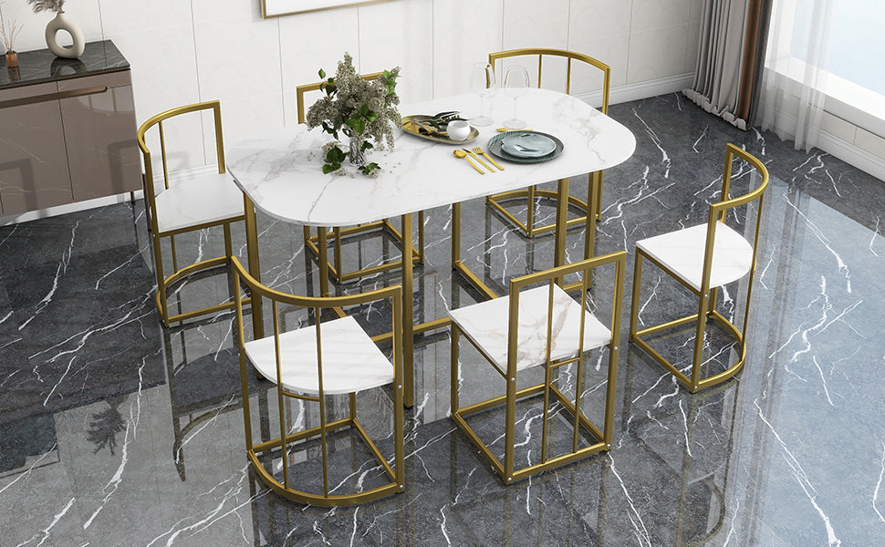 Modern 7-Piece Faux White Marble & Gold Compact Table & Chair Dining Set - 80d3e6-0e.myshopify.com - -  