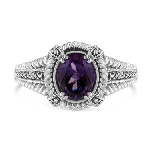 925 Sterling Silver Natural Purple Amethyst & Diamond Oval Prong Set Ring - Lovez Aqua© - 