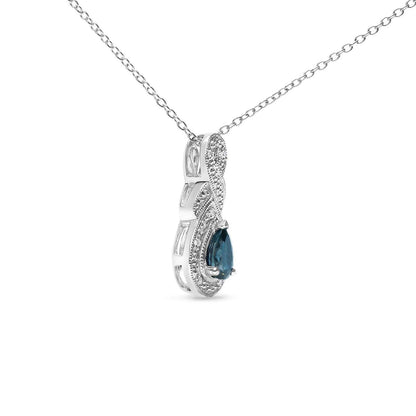 925 Sterling Silver Pear Sapphire & Diamond Infinity Drop 18" Pendant Necklace - Lovez Aqua© - 