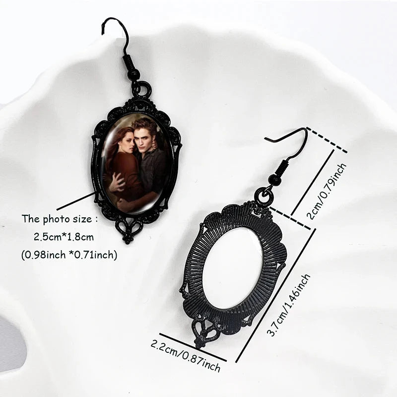 Twilight Movie Photo Oval Glass Cabochons Dangle Black Lace Earrings - Lovez Aqua© - bella swan, edward cullen, jacob black, robert pattinson