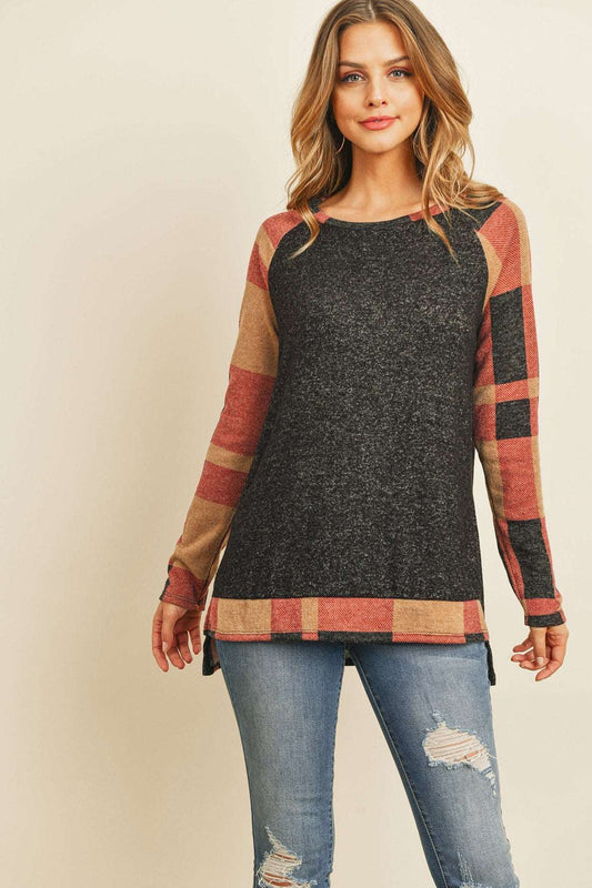 Women’s Winter Top with Hacci Plaid Pattern & Cozy Long Back Hem