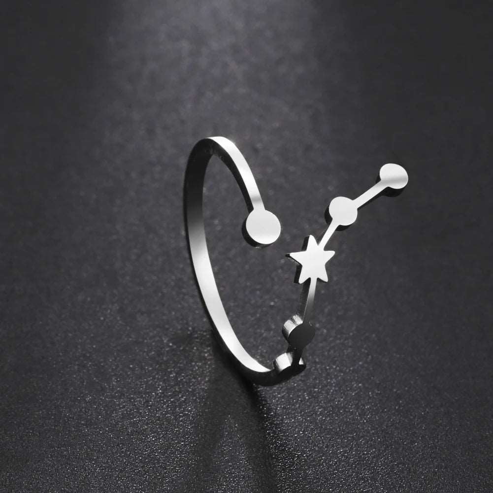 Women's Zodiac Star Signs Constellation Stainless Steel Adjustable Open Ring