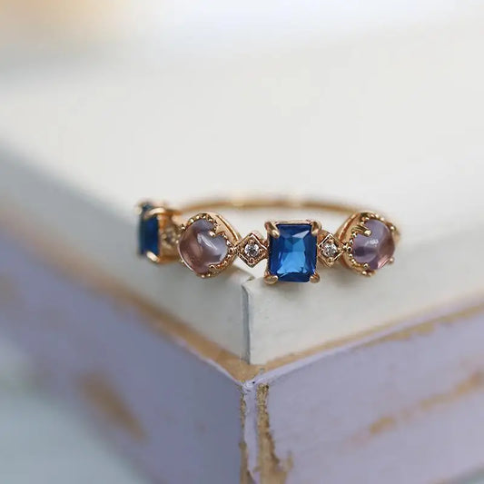 Elegant 18K Gold Plated Natural Blue & Purple Zircon Geometric Women's Ring