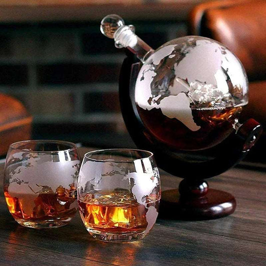 Luxury Globe Whiskey Decanter Set with Carafe Exquisite Wood Stand & Glasses