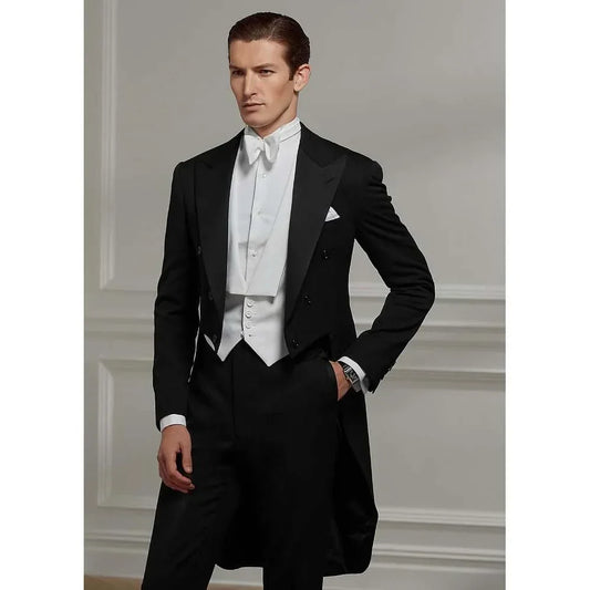 Classic Men's Black 3 Piece Suit Set (Long Tailcoat Jacket, Vest & Pants) - Lovez Aqua© - conductor, suit, traditional, tuxedo