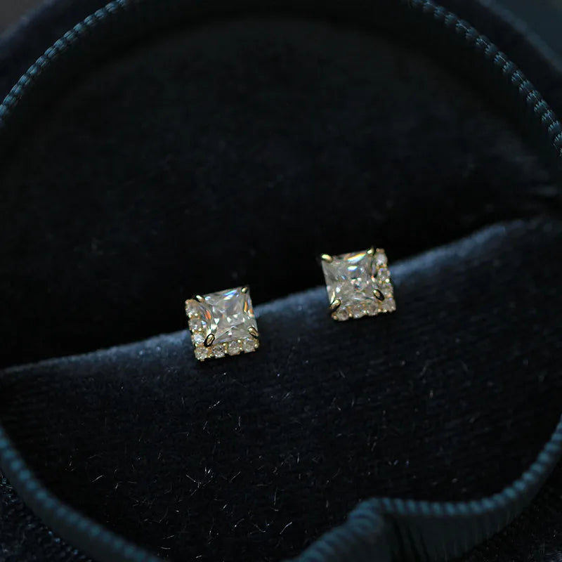 925 Sterling Silver Square White Zircon Vintage Classic Women's Stud Earrings