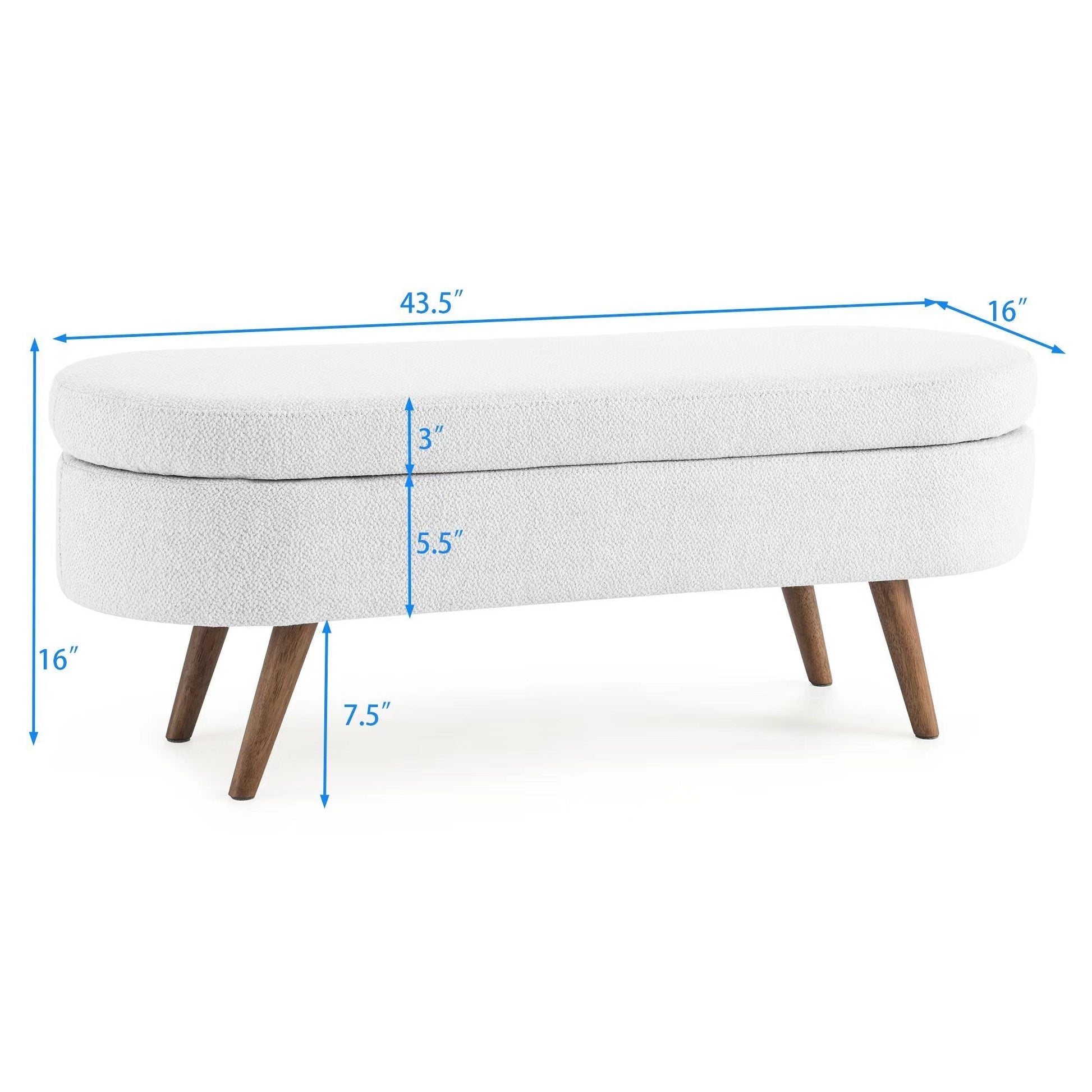 Ottoman White Linen Oval Storage Bench Seat with Wooden Legs - Lovez Aqua© - 