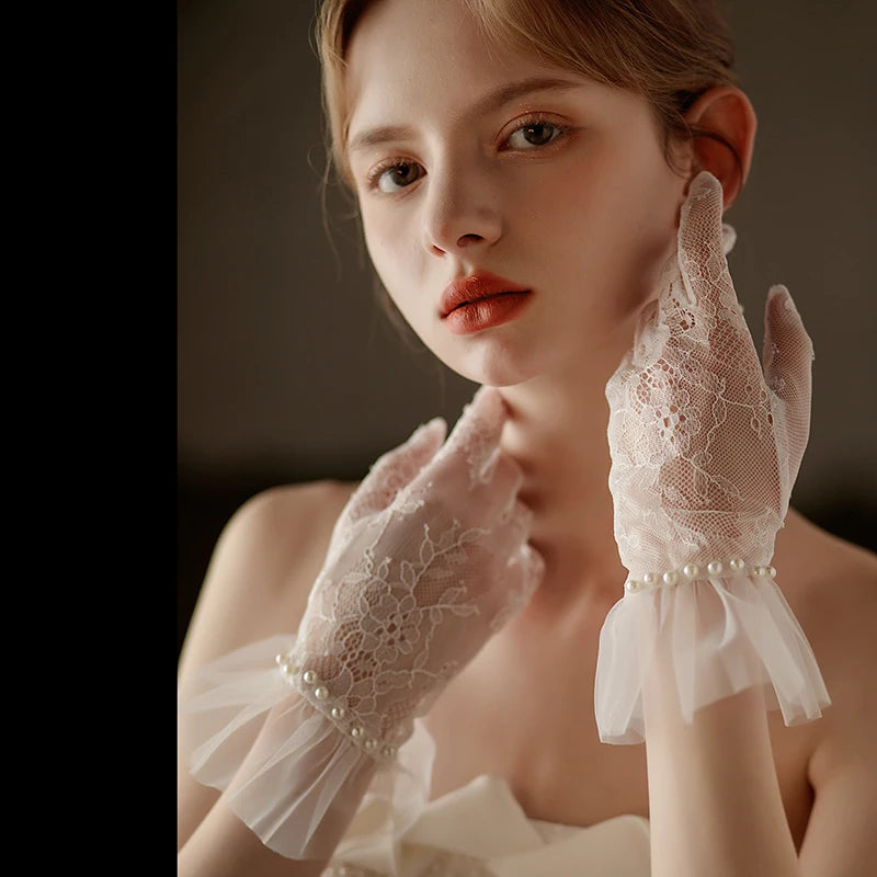 Exquisite White Lace & Faux Pearls Ruffle Edge Wrist Length Bridal Gloves