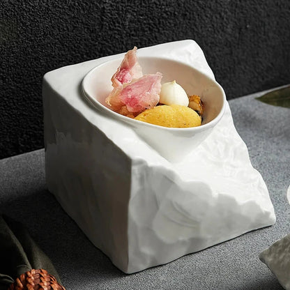 Restaurant Style White Ceramic Square Stone Cube Irregular Gourmet Soup Bowl - 80d3e6-0e.myshopify.com - -  