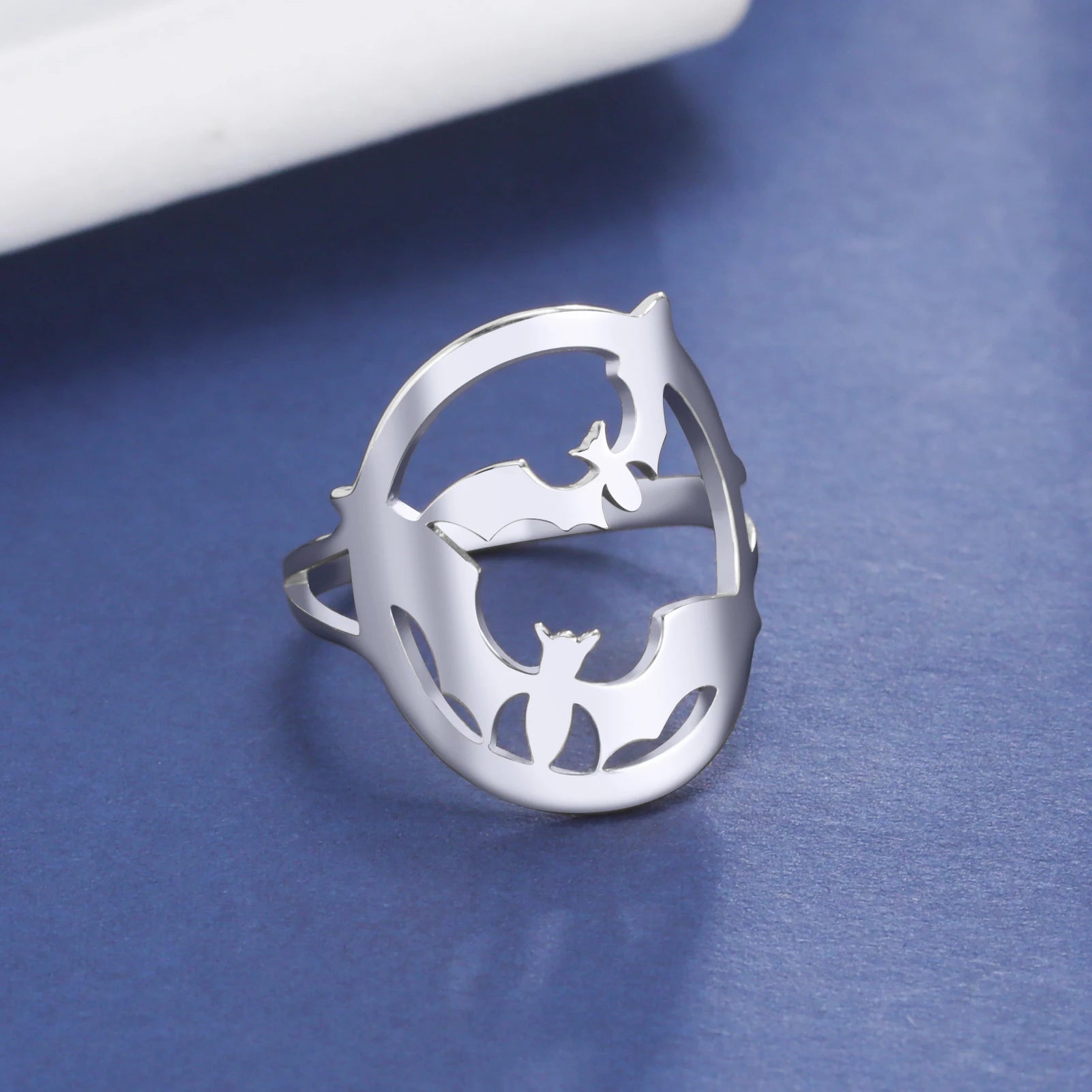 Women's Gothic Punk Crescent Moon & Bat Stainless Steel Ring - Lovez Aqua© - 