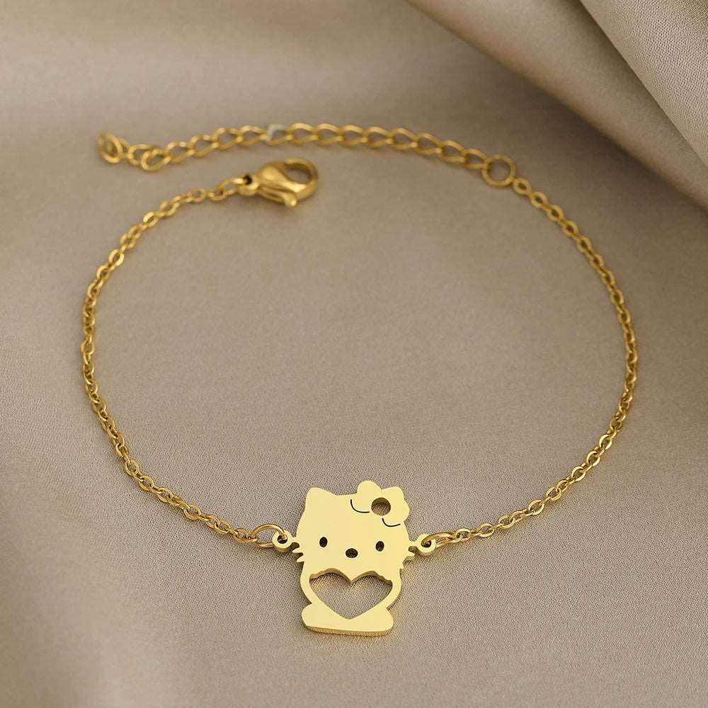 Women's Sleek Hello Kitty Heart Stainless Steel Chain Bracelet