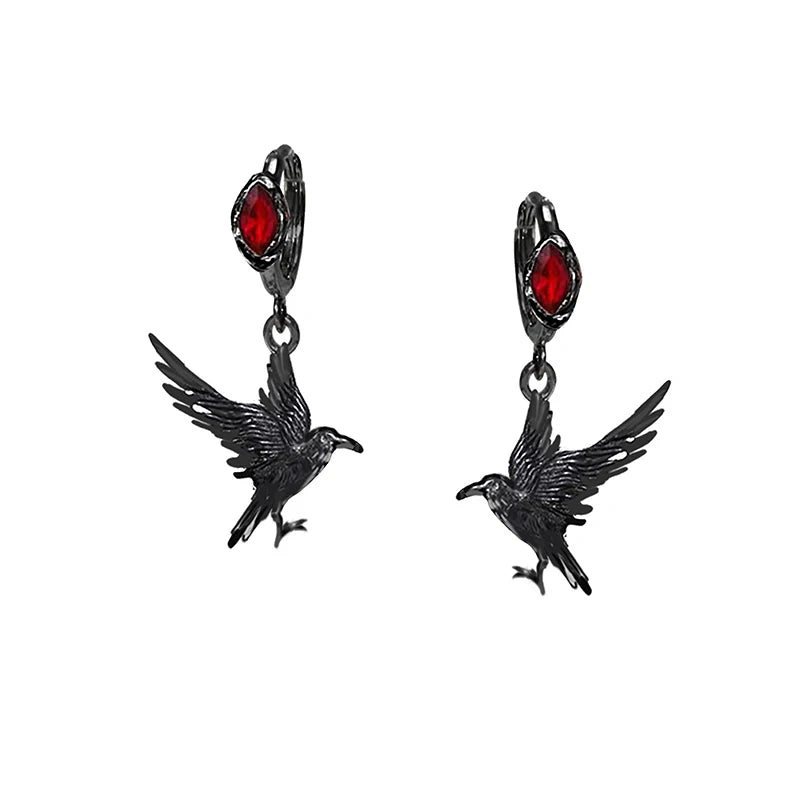 Gothic Black Raven & Red Ruby Crystal Embellished Women's Dangle Earrings - Lovez Aqua© - 