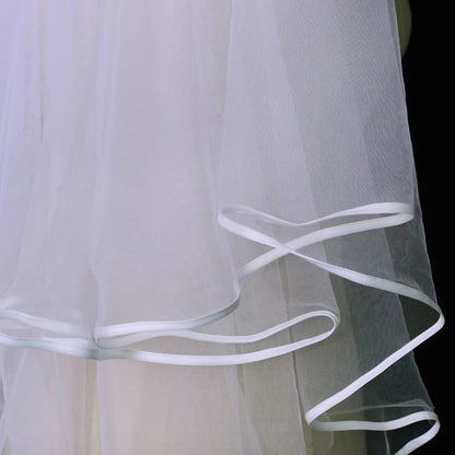 White Ribbon Edge Two Layer Cathedral Length Soft Italian Tulle Wedding Veil