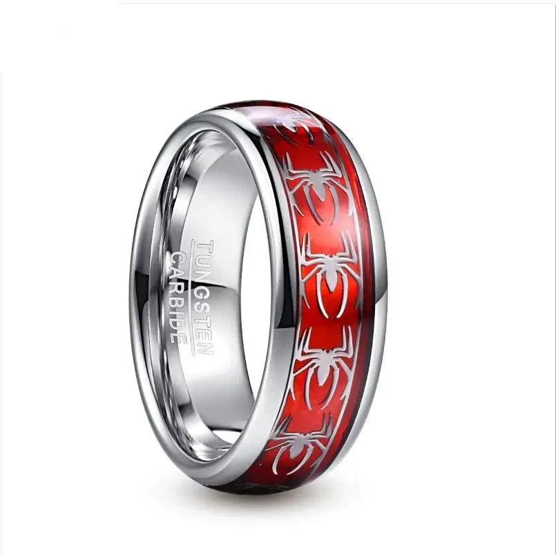 Marvel's Spiderman Men's Spider Motif Inlaid Red Opal Tungsten Band Ring - Lovez Aqua© - 