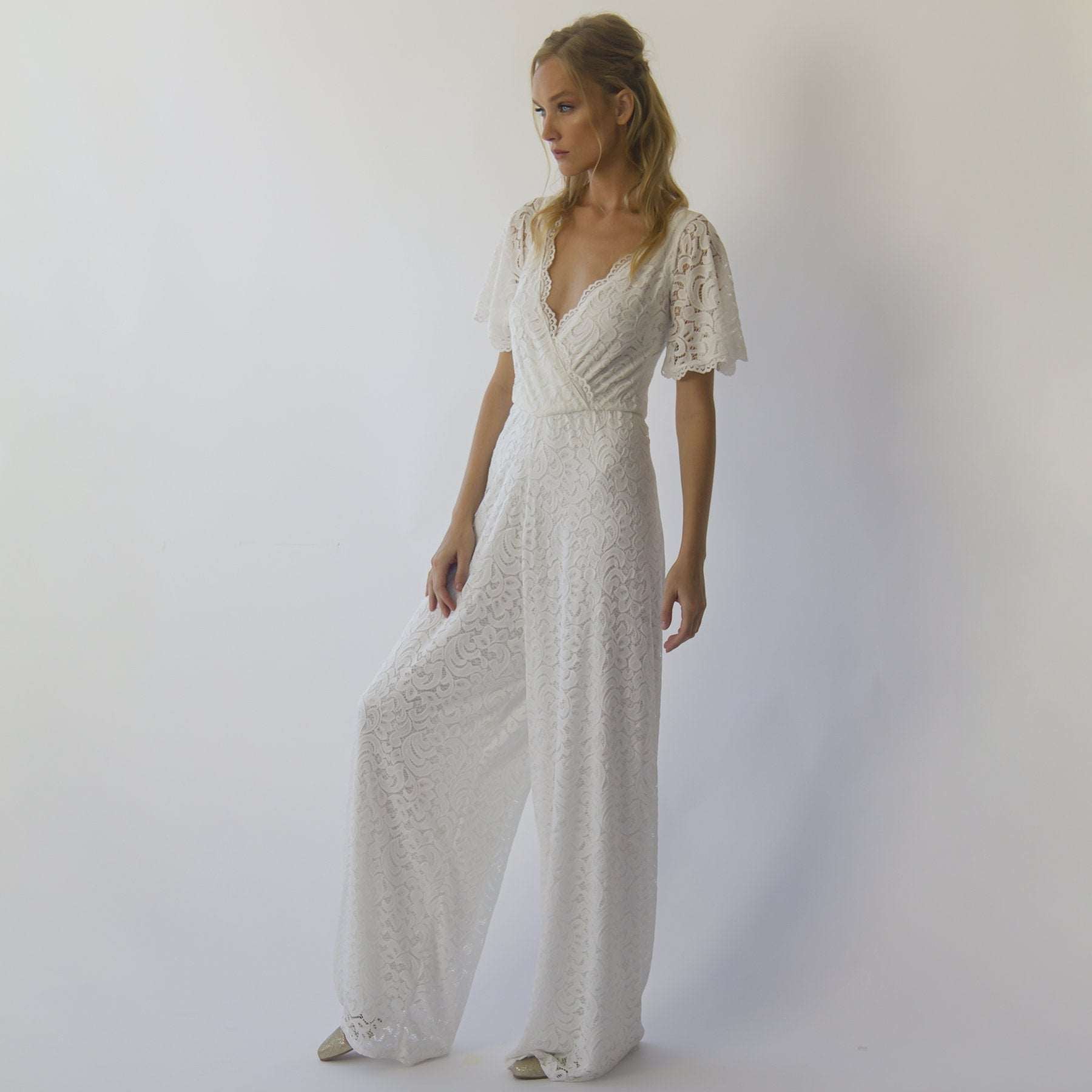 Ivory Bohemian Butterfly Sleeves Flowing Bridal Lace Jumpsuit with Flared Legs