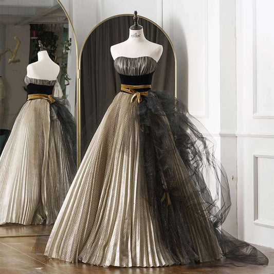 Rustic Mocha Taupe Off Shoulder Wedding Gown with Black Netting & Gold Ribbon