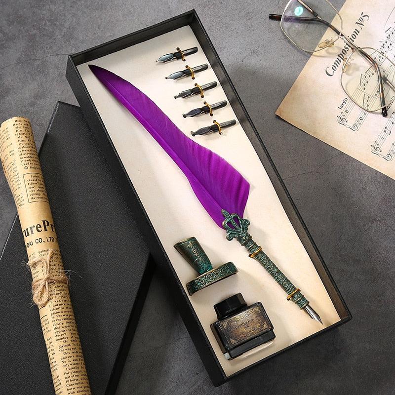 Antique Feather Quill Calligraphy Fountain Pen & Ink Writing Set - Lovez Aqua© - 