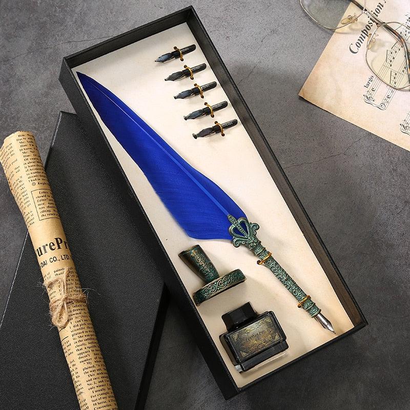 Antique Feather Quill Calligraphy Fountain Pen & Ink Writing Set - Lovez Aqua© - 