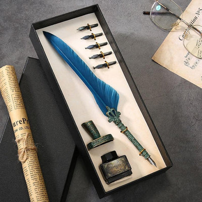 Antique Feather Quill Calligraphy Fountain Pen & Ink Writing Set - Lovez Aqua© - 