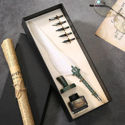 Antique Feather Quill Calligraphy Fountain Pen & Ink Writing Set - Lovez Aqua© - 