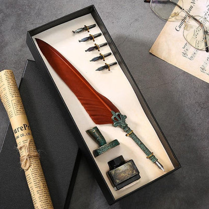 Antique Feather Quill Calligraphy Fountain Pen & Ink Writing Set - Lovez Aqua© - 