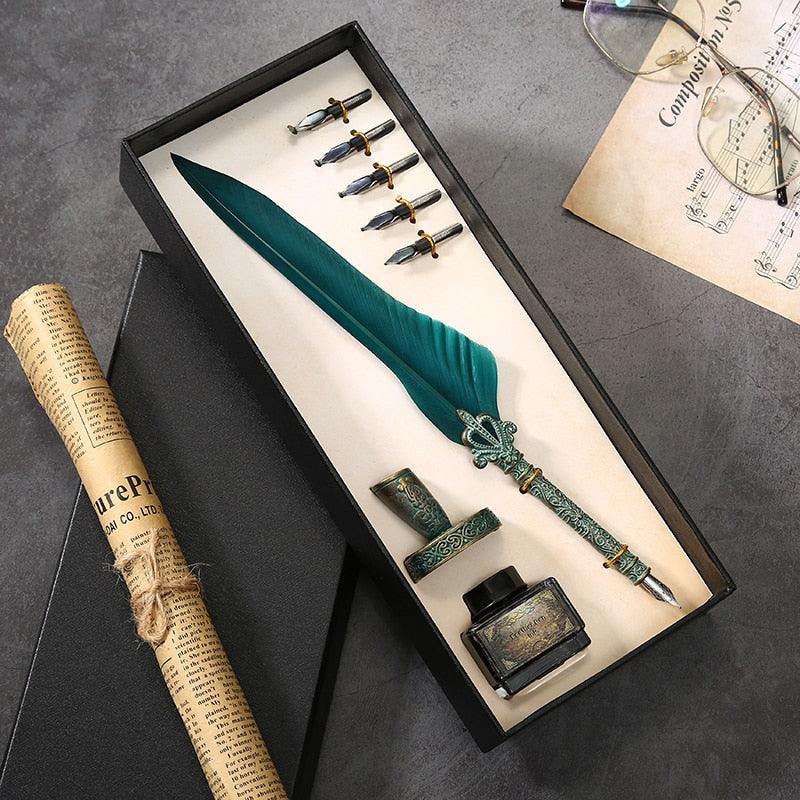 Antique Feather Quill Calligraphy Fountain Pen & Ink Writing Set - Lovez Aqua© - 