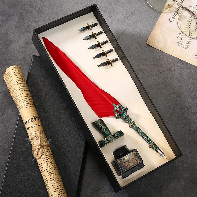 Antique Feather Quill Calligraphy Fountain Pen & Ink Writing Set - Lovez Aqua© - 