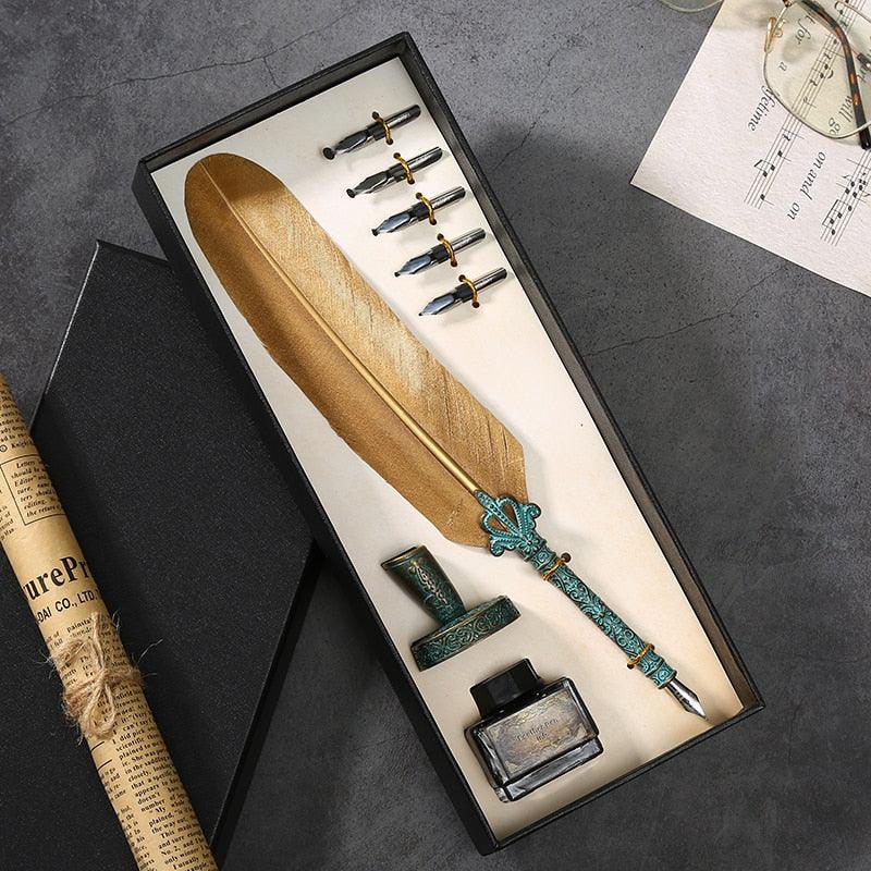 Antique Feather Quill Calligraphy Fountain Pen & Ink Writing Set - Lovez Aqua© - 