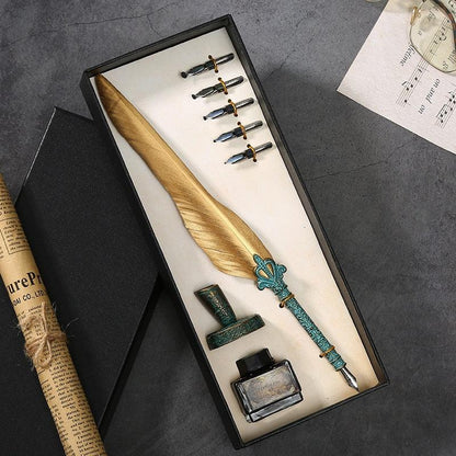 Antique Feather Quill Calligraphy Fountain Pen & Ink Writing Set - Lovez Aqua© - 