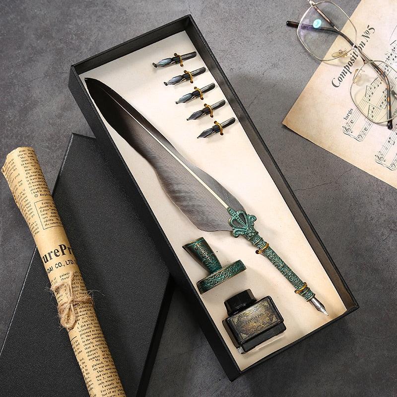 Antique Feather Quill Calligraphy Fountain Pen & Ink Writing Set - Lovez Aqua© - 