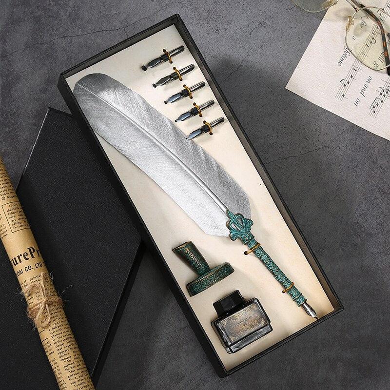 Antique Feather Quill Calligraphy Fountain Pen & Ink Writing Set - Lovez Aqua© - 