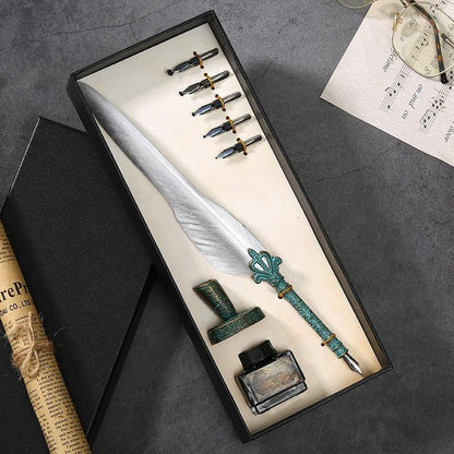 Antique Feather Quill Calligraphy Fountain Pen & Ink Writing Set - Lovez Aqua© - 