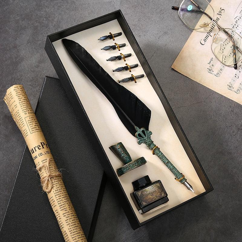 Antique Feather Quill Calligraphy Fountain Pen & Ink Writing Set - Lovez Aqua© - 