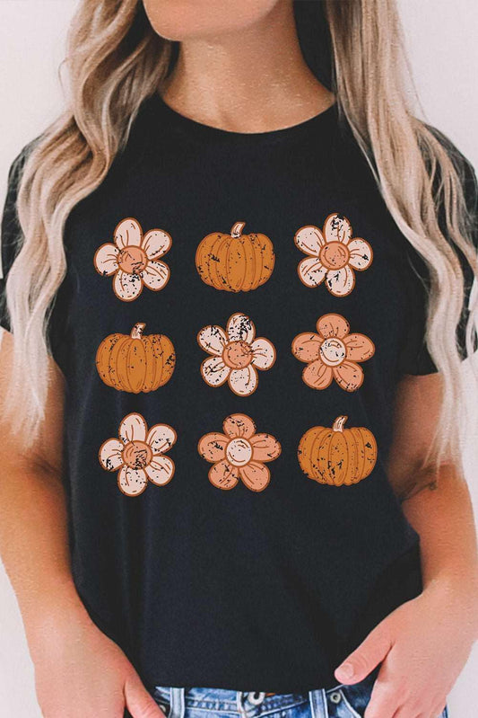 Artistic Autumn Pumpkin & Flower Women's Graphic Print T-Shirt - Lovez Aqua© - 