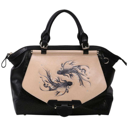 Beige & Black Koi Print Women's Large Satchel with Strap - Lovez Aqua© - 