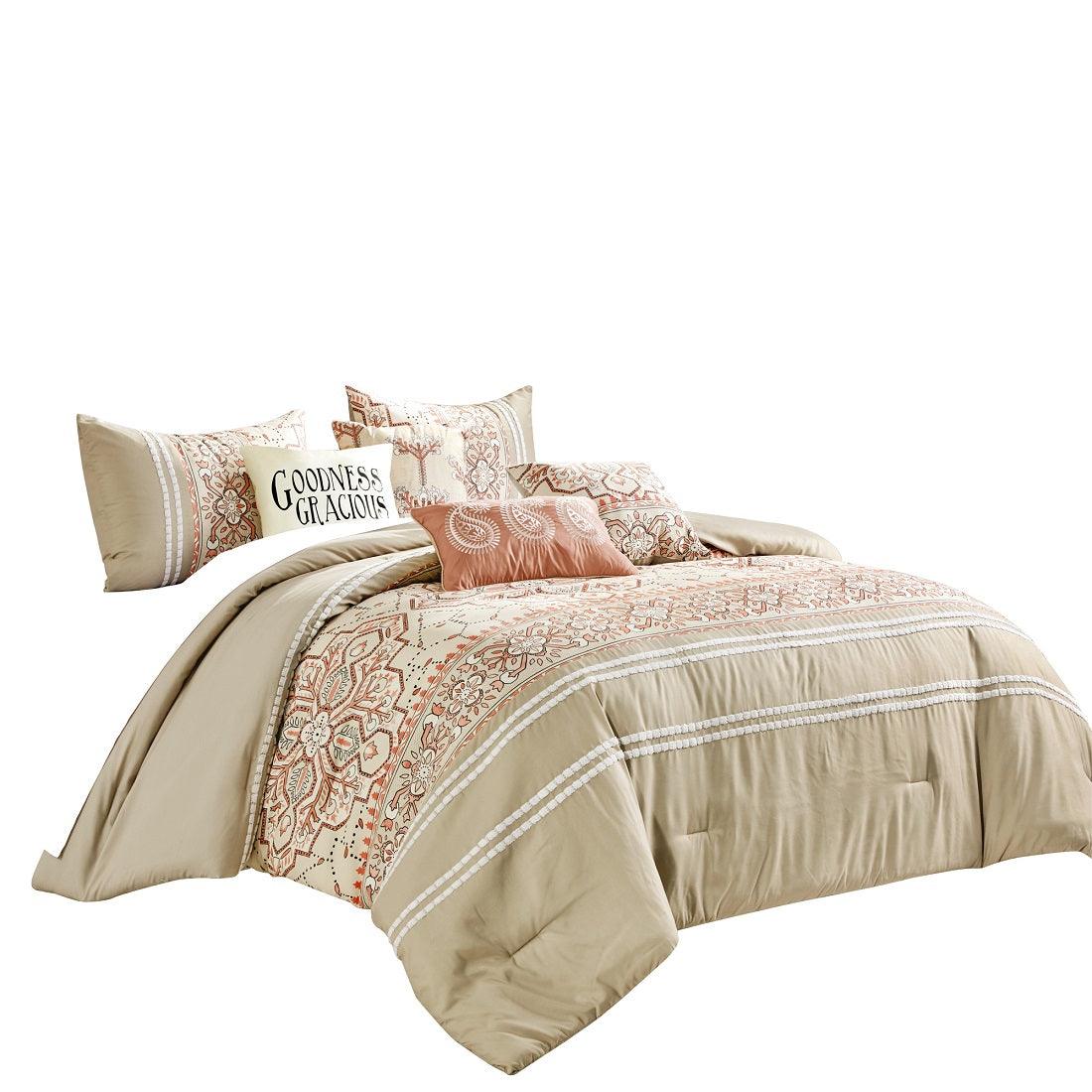 Beige Bohemian Chic 7 Piece Comforter Set With Paisley Pattern - Lovez Aqua© - 