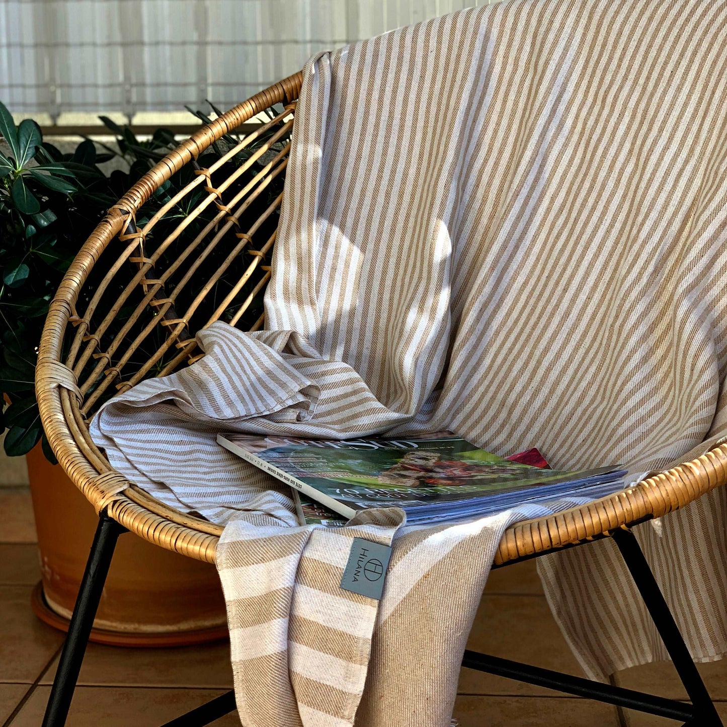 Beige & White Striped Throw Blanket with Frayed Tassels - Lovez Aqua© - 