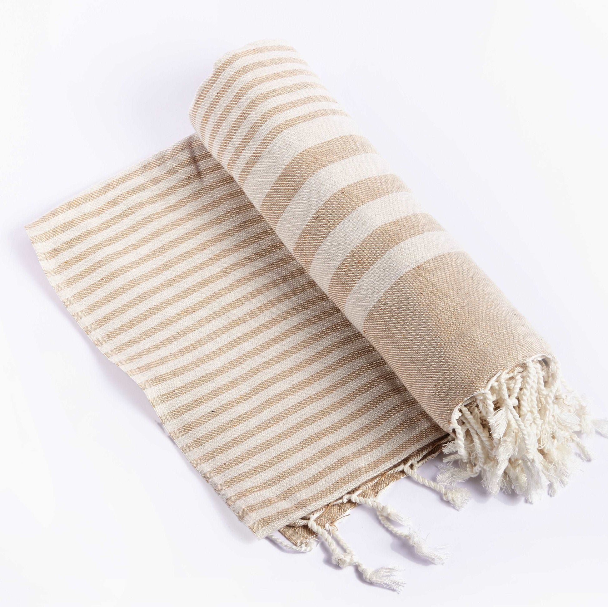 Beige & White Striped Throw Blanket with Frayed Tassels - Lovez Aqua© - 