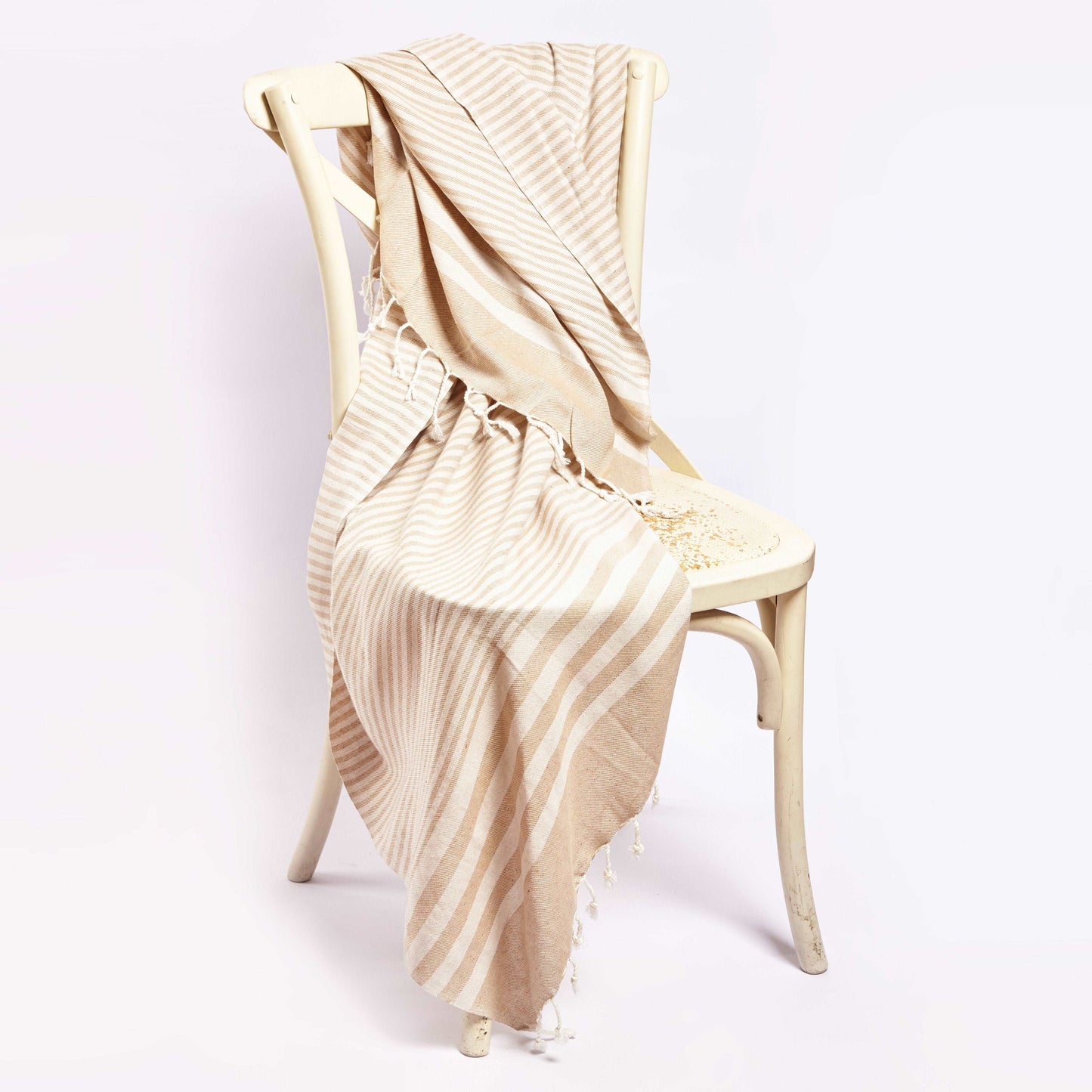 Beige & White Striped Throw Blanket with Frayed Tassels - Lovez Aqua© - 