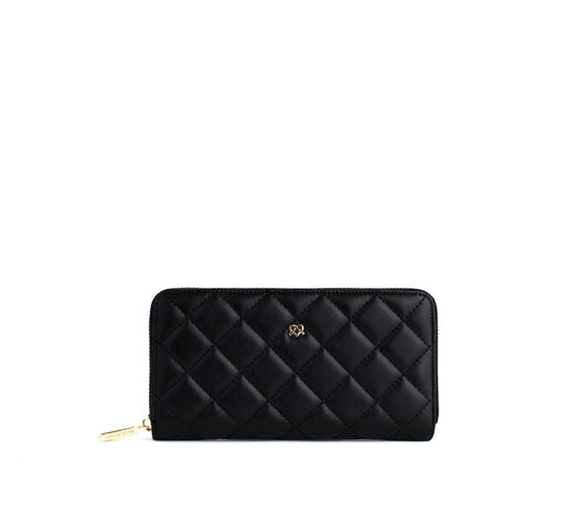 Black Quilted Leather Women’s Wallet with Gold Zipper Closure & Heart Emblem - Lovez Aqua© - 