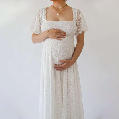 Bohemian Maternity Ivory Wedding Dress With Square Neckline & Butterfly Sleeves - Lovez Aqua© - 