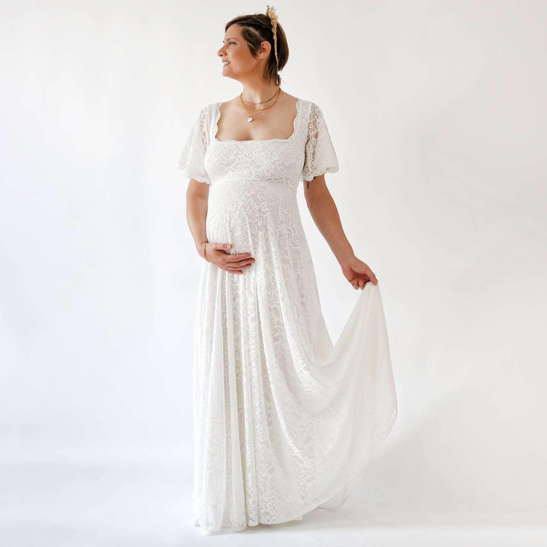 Bohemian Maternity Ivory Wedding Dress With Square Neckline & Butterfly Sleeves - Lovez Aqua© - 