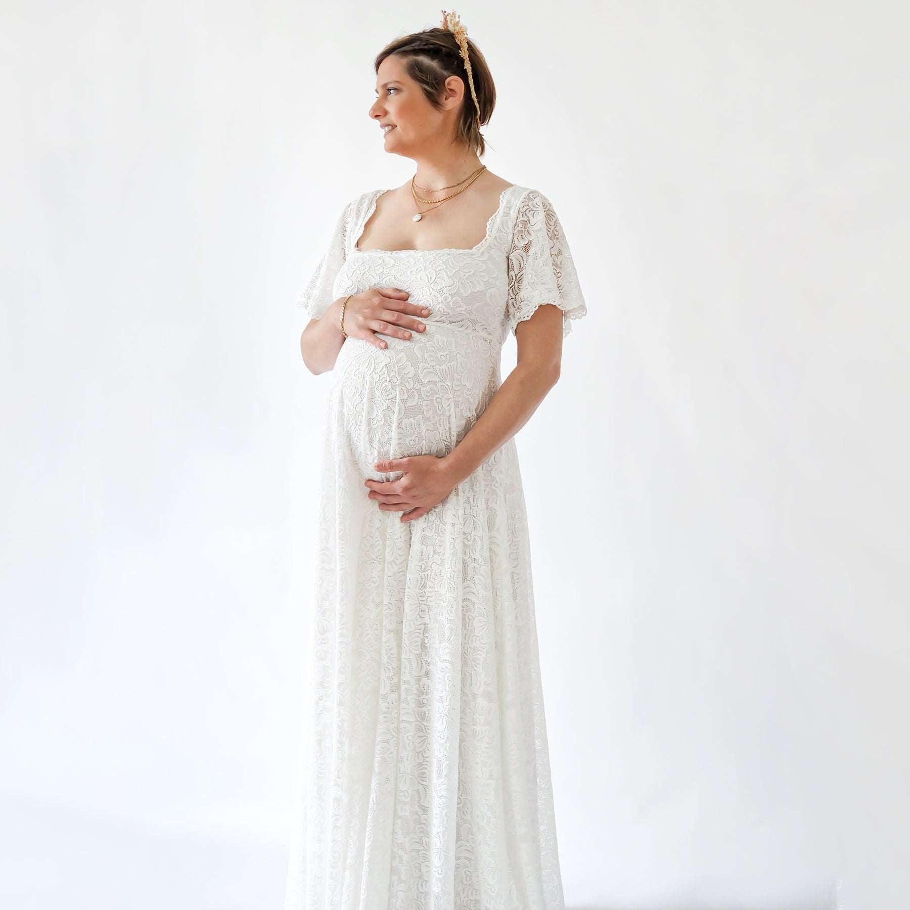 Bohemian Maternity Ivory Wedding Dress With Square Neckline & Butterfly Sleeves - Lovez Aqua© - 